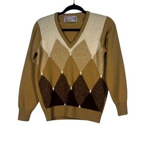 Ballantyne Argyle Sweater Mens Tan 100% Cashmere V-Neck Made in Scotland